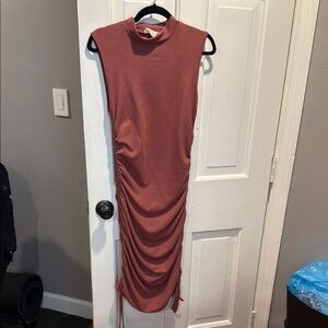 Vici Orange Pink Asymmetrical Ruched Bodycon Midi Dress